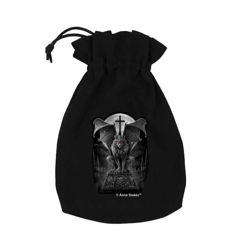 Q Workshop Anne Stokes Dice Pouch with a detailed gothic gargoyle print: red eyes, large wings, cross, skulls, and full moon