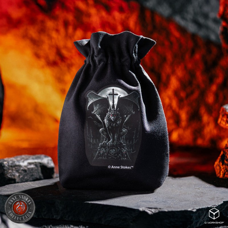 Q Workshop Anne Stokes Dice Pouch featuring a red-eyed gargoyle and cross, on dark rocks with a fiery backdrop