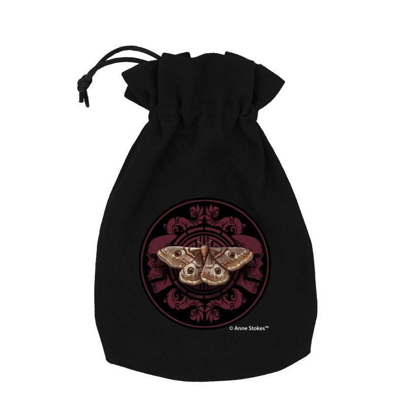 Q Workshop Anne Stokes Dice Pouch features a brown moth with eye-like spots on a circular dark red design with skulls