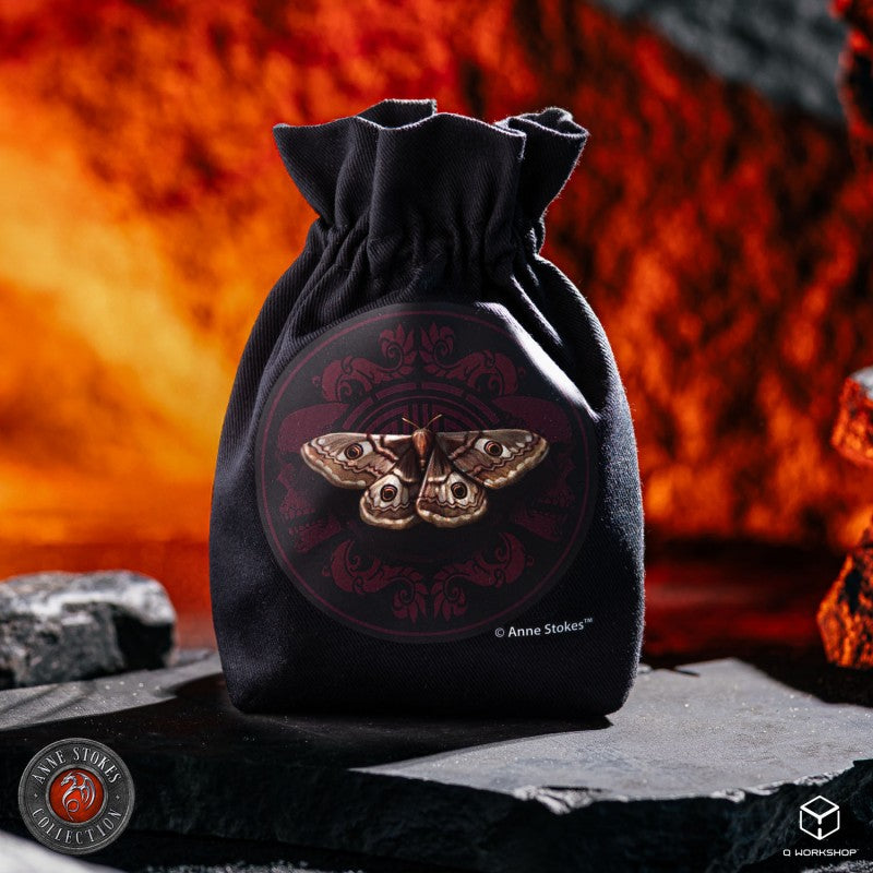Q Workshop Anne Stokes Dice Pouch featuring a brown moth design on a red ornate circle, against a fiery background