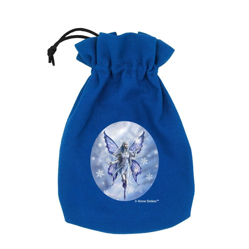 A royal blue Q Workshop Anne Stokes Dice Pouch featuring a fantasy ice fairy with blue wings and falling snowflakes