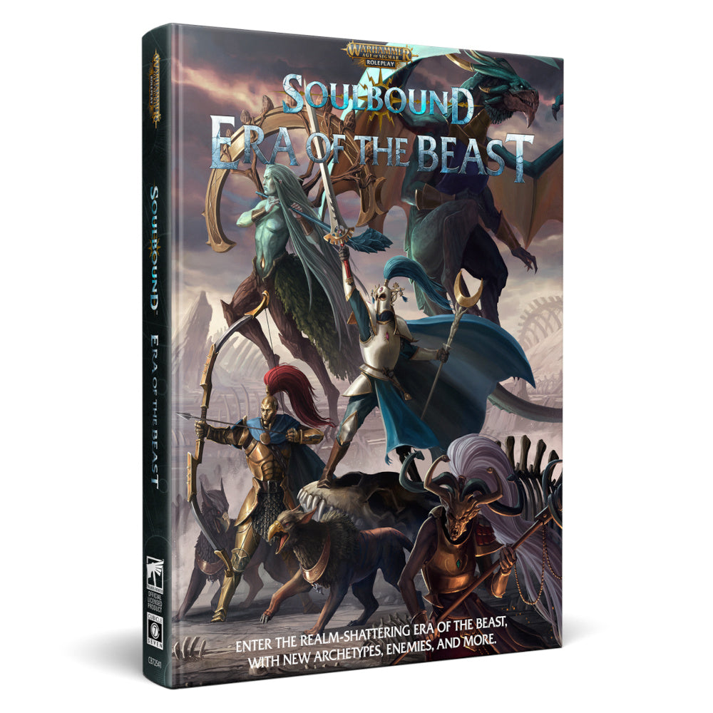 Armored warrior leading diverse fantasy heroes and beasts against a dragon in a desolate land