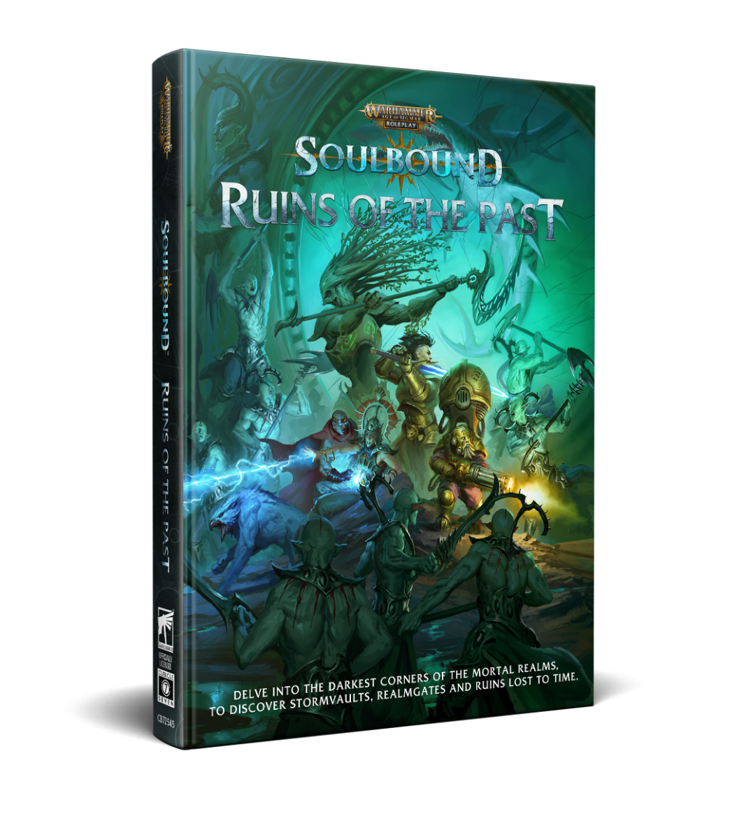 A Warhammer Soulbound: Ruins of the Past RPG book cover, showing diverse fantasy characters and monsters in action
