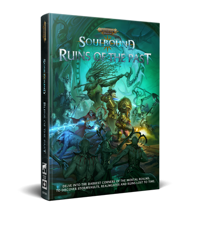 A Warhammer Soulbound: Ruins of the Past RPG book cover, showing diverse fantasy characters and monsters in action