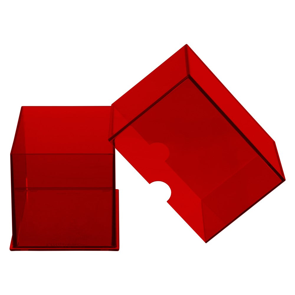 Open red transparent deck box with lid angled, showing a thumb cut-out
