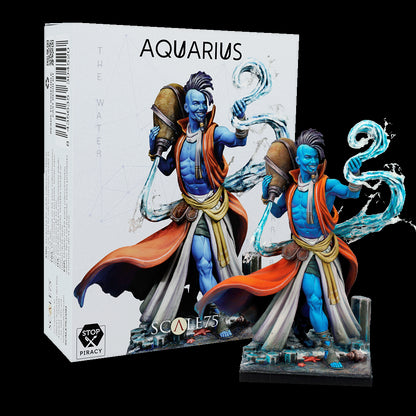 Aquarius model kit box and figure: a blue-skinned man pours water from a jug and conjures a stream.