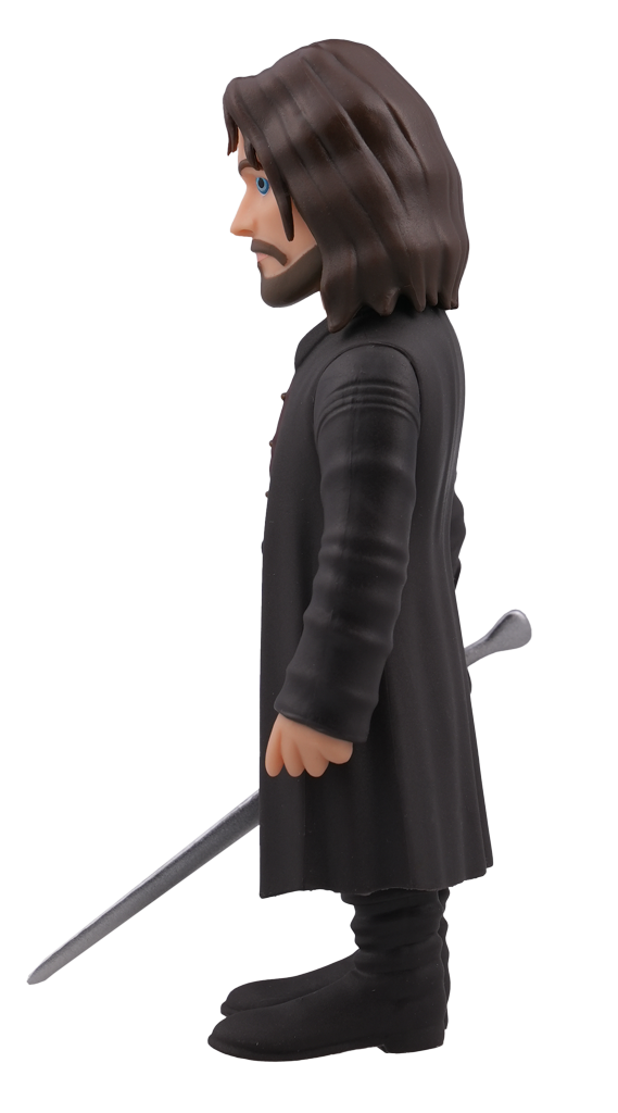 Side view of Minix The Lord of the Rings Aragorn 133 vinyl figure depicting the character in a dark long coat and red tunic holding a sword