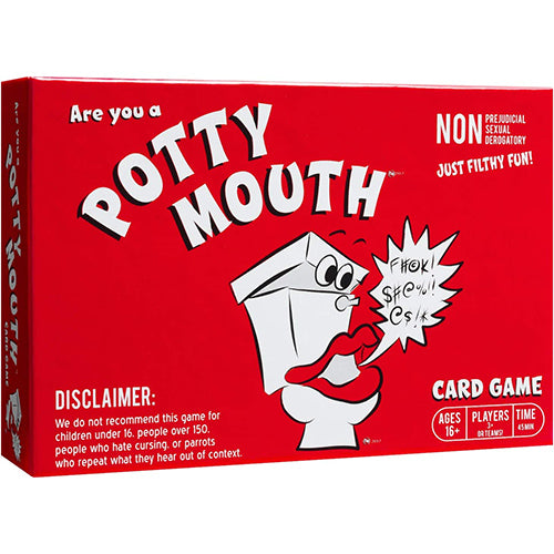 Red Potty Mouth card game box featuring a toilet character and exclamations like FK