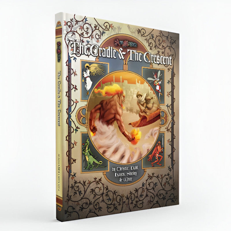 Sourcebook: The Cradle & The Crescent. Cover art features a muscular, fiery-haired man holding glowing orbs and a person on a magic carpet
