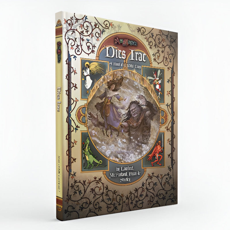 Sourcebook cover, "Ars Magica Fifth Edition - Dies Irae: A Book of Wrathful Days Medieval-style art of a woman interacting with a dark figure, framed by angels, dragons, and demons