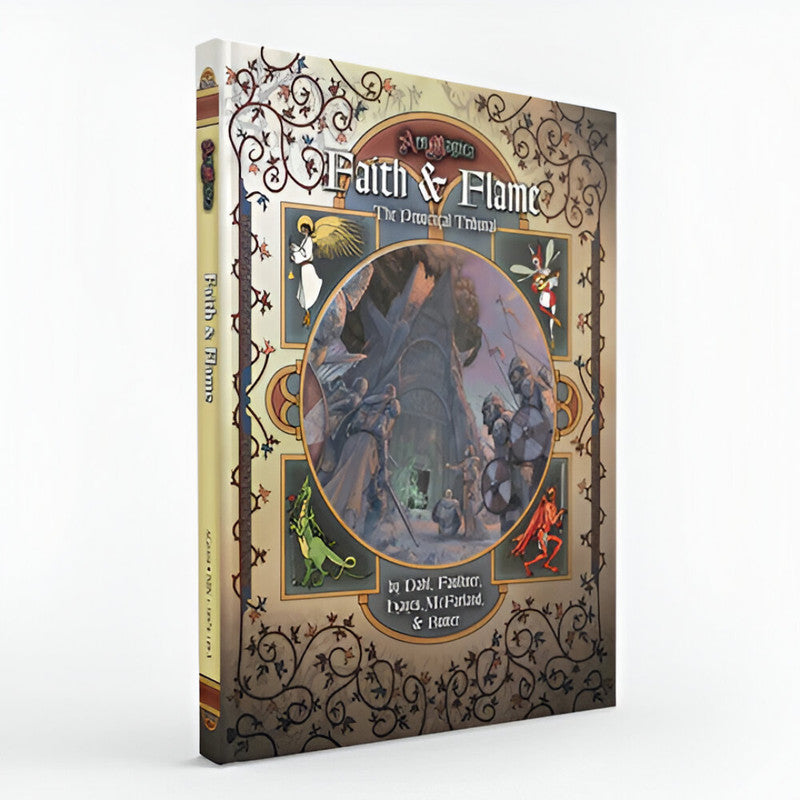 Ars Magica Fifth Edition - Faith & Flame: The Provencal Tribunal RPG sourcebook cover: Warriors at a dark castle, surrounded by mythical creatures