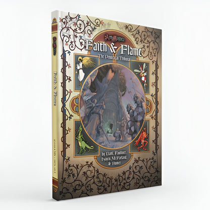 Ars Magica Fifth Edition - Faith & Flame: The Provencal Tribunal RPG sourcebook cover: Warriors at a dark castle, surrounded by mythical creatures