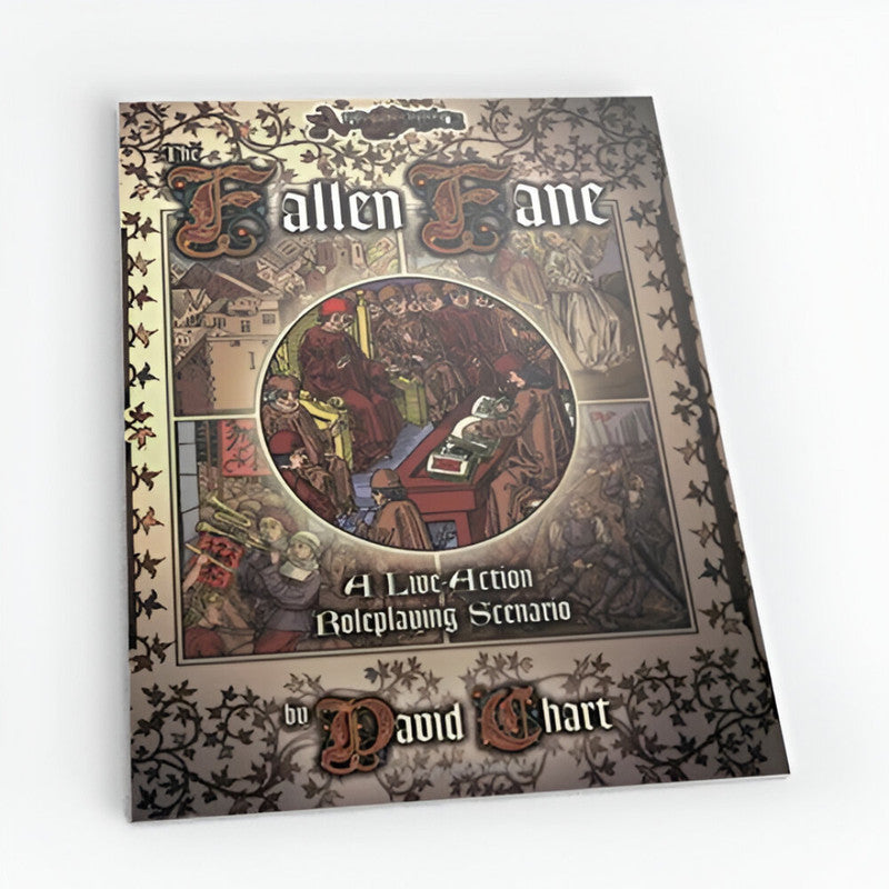 The Fallen Fane LARP scenario cover by David Chart. Medieval art depicts robed figures studying at a table and other scenes