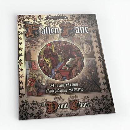 The Fallen Fane LARP scenario cover by David Chart. Medieval art depicts robed figures studying at a table and other scenes