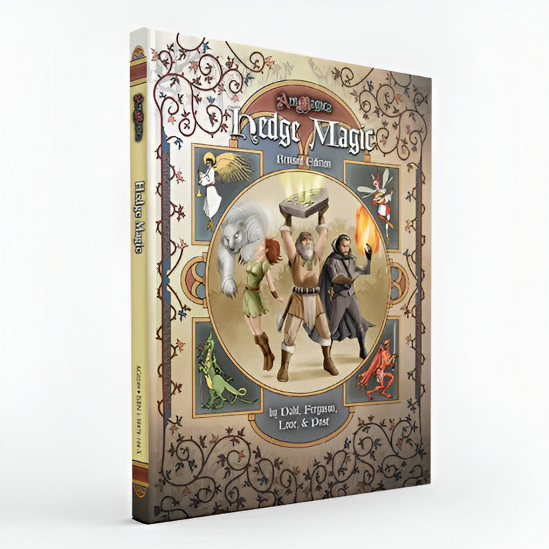 A hardcover sourcebook, "Ars Magica Fifth Edition - Hedge Magic Revised Edition." Cover shows a man lifting a glowing artifact, a wizard, woman, and white bear