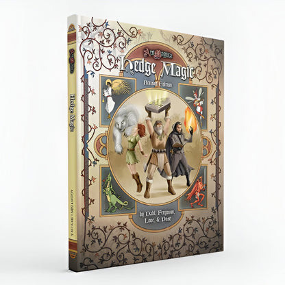 A hardcover sourcebook, "Ars Magica Fifth Edition - Hedge Magic Revised Edition." Cover shows a man lifting a glowing artifact, a wizard, woman, and white bear