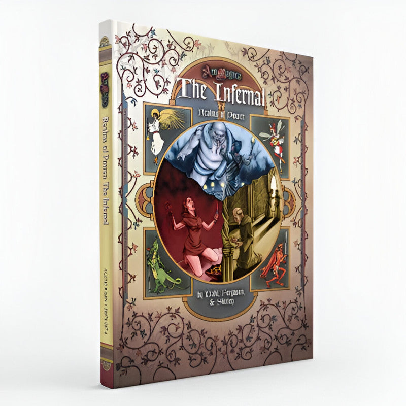 Ornate dark fantasy sourcebook, 'Ars Magica Fifth Edition- Realms of Power: The Infernal,' featuring a large pale figure, a screaming woman, and a monk