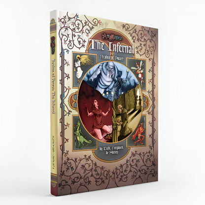 Ornate dark fantasy sourcebook, 'Ars Magica Fifth Edition- Realms of Power: The Infernal,' featuring a large pale figure, a screaming woman, and a monk