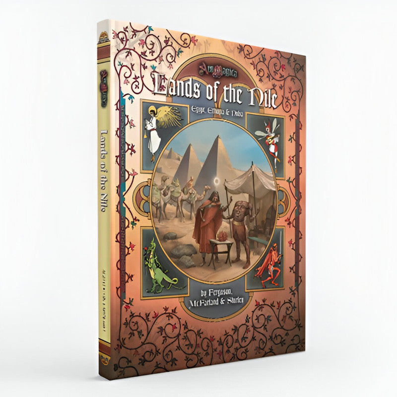 Ars Magica Fifth Edition - Lands of the Nile: Egypt, Ethiopia & Nubia sourcebook cover: robed mage casts spell for tribal man in desert with pyramids
