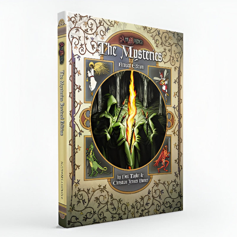 Sourceook cover for "The Mysteries Revised Edition" depicts hooded figures by a magical fire in a forest, with mythical creatures