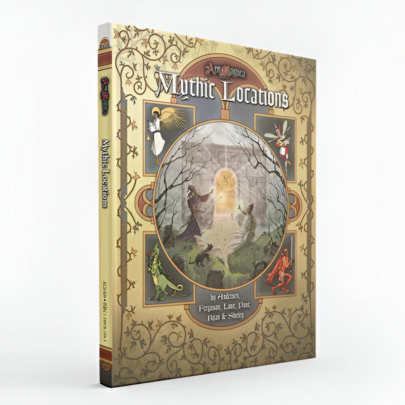 Ars Magica Fifth Edition RPG - Mythic Locations sourcebook cover: Mages cast spells at a glowing portal in a spooky forest, with mythical creatures