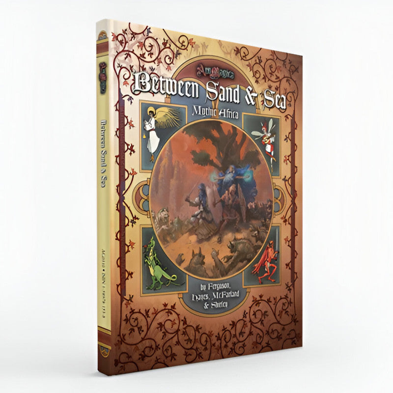 A sourcebook cover for "Ars Magica: Between Sand & Sea - Mythic Africa," featuring a fantasy battle with armored figures, magic, and creatures