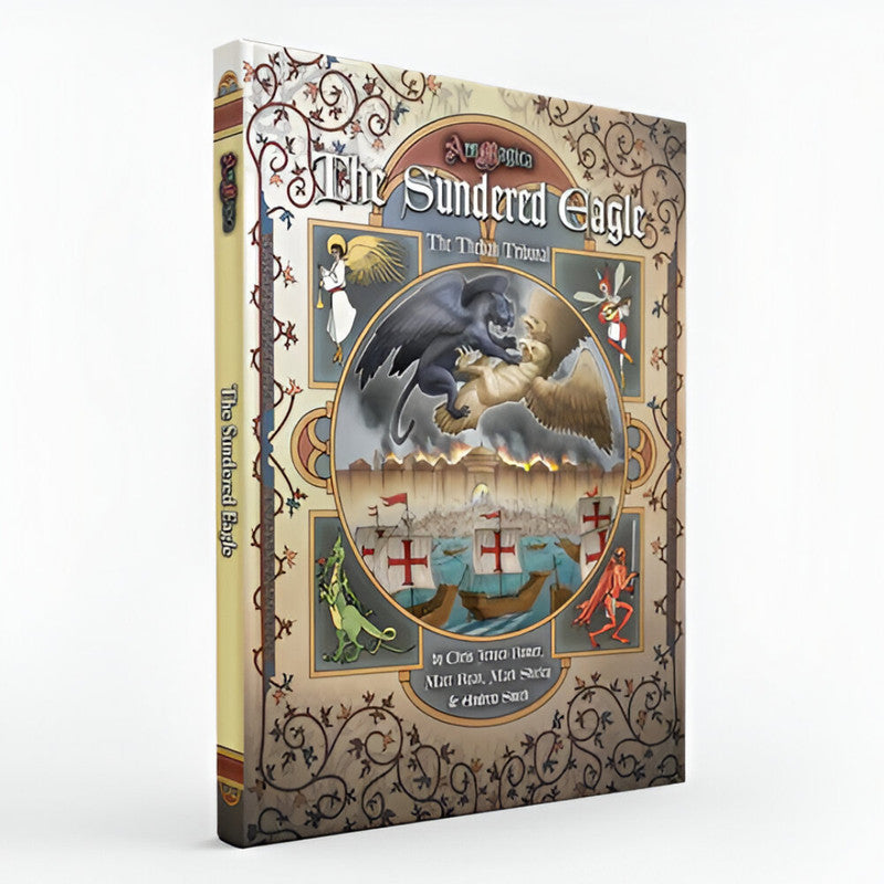 Ars Magica Fifth Edition - The Sundered Eagle: The Theban Tribunal sourcebook cover: A dark winged beast battles a golden eagle above a city; ships below