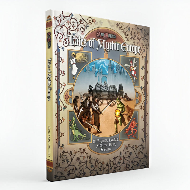 Hardcover sourcebook "Ars Magica Fifth Edition - Tales of Mythic Europe" with an ornate medieval cover depicting knights battling mythical creatures