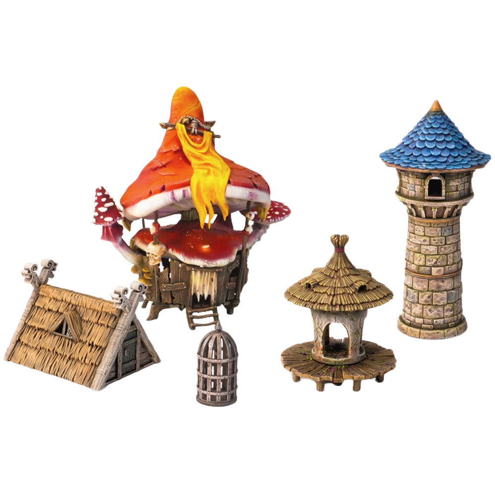 A set of fantasy miniature buildings: a red mushroom house, stone tower, thatched hut, gazebo, and cage