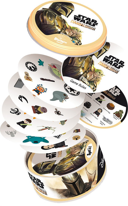 Mandalorian Dobble game tin with Mando -  Grogu -  and character cards fanned out