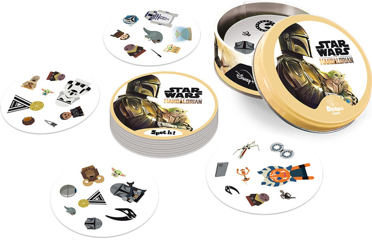 Star Wars Mandalorian Spot It! game set: open tin -  card stack -  and scattered round cards displaying Star Wars characters and items