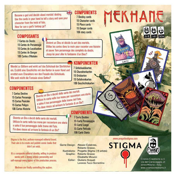 Back of the Mekhane game box showing game description, key components, player count, and sample artwork in a red and gold layout