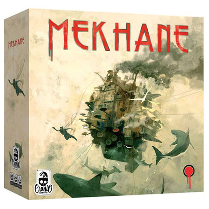 Angled front view of the Mekhane board game box showing intricate artwork of gods and symbols in a dramatic red and gold palette with bold title text
