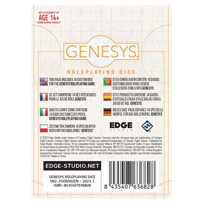 Back of Genesys Roleplaying Dice package showing product title, 'AGE 14+' rating, '14 custom dice' text, and barcode