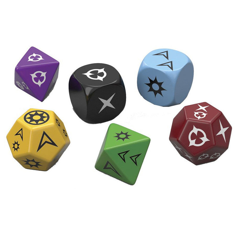 Six polyhedral gaming dice in red, blue, green, yellow, black, and purple, featuring unique symbols on a white background