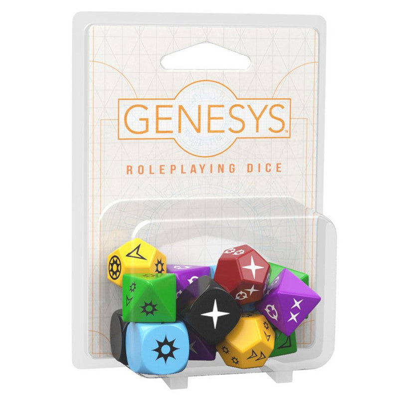 Genesys Roleplaying Dice set in a clear blister pack. colourful polyhedral dice with custom symbols are visible