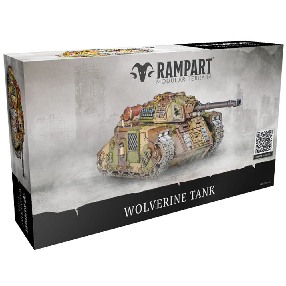 Product box for Rampart's Wolverine Tank, displaying a detailed, painted camouflaged model tank