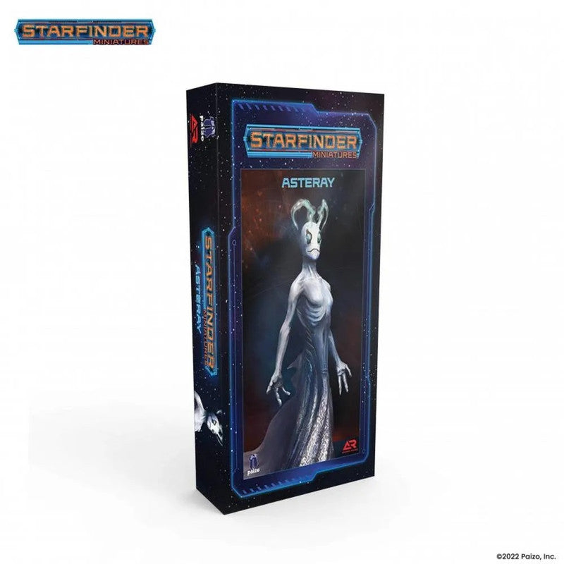 Starfinder Miniatures Asteray box displays a pale, slender alien creature with head-tendrils and a flowing lower body