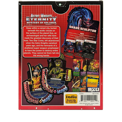Back of Astro Knights Eternity game box, featuring title, description, character art (Naoki, Sunshine), and game cards