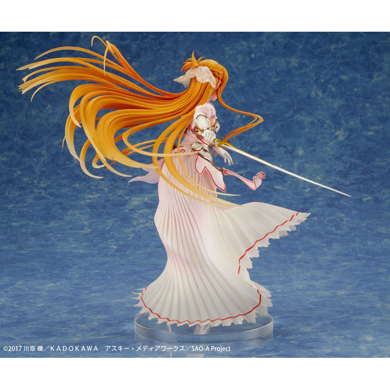 Full front view of Asuna Stacia figure in white and gold goddess outfit with dynamic pose