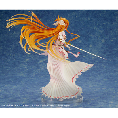 Full front view of Asuna Stacia figure in white and gold goddess outfit with dynamic pose
