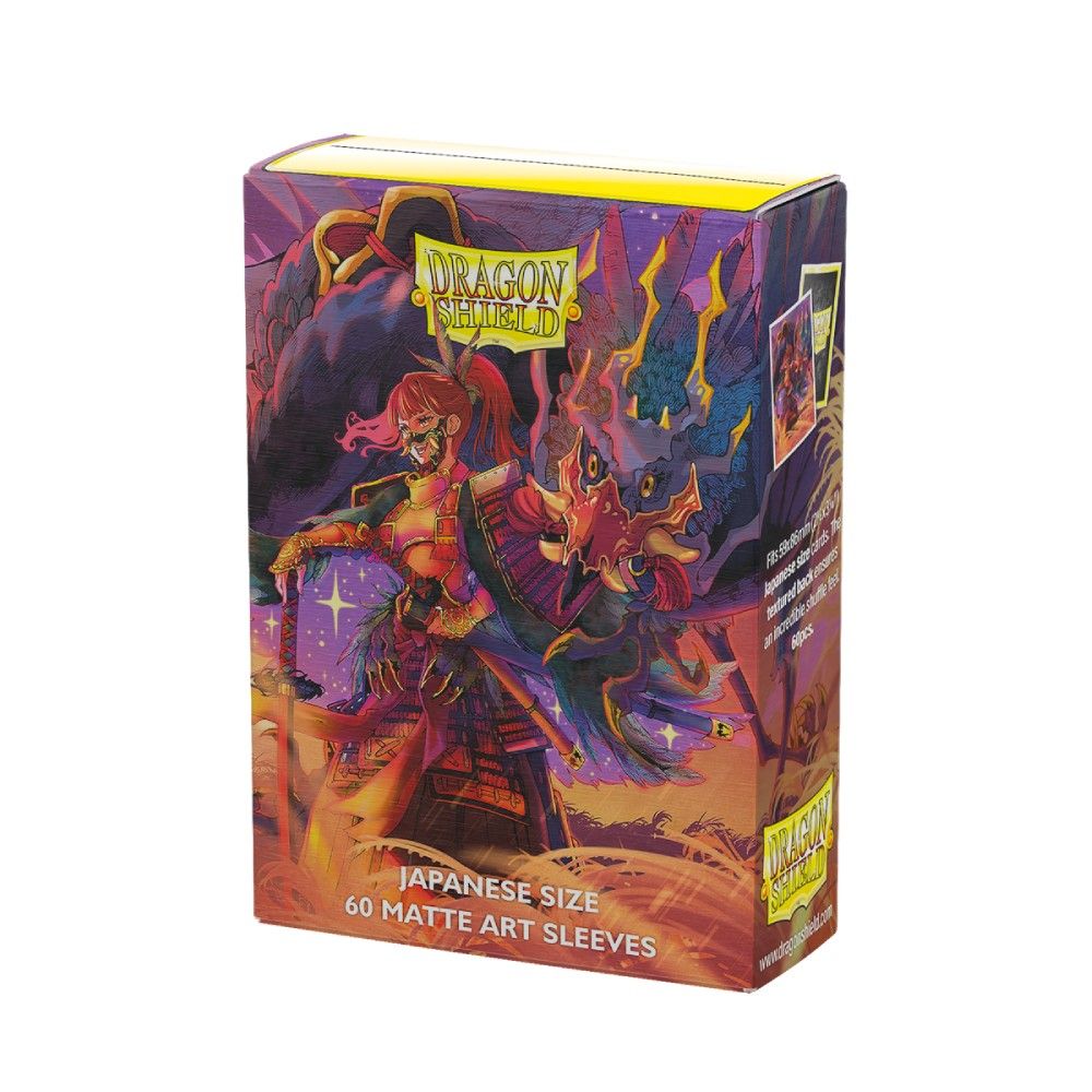 Dragon Shield Japanese size sleeve box featuring dramatic art of a masked female warrior and a fierce red dragon