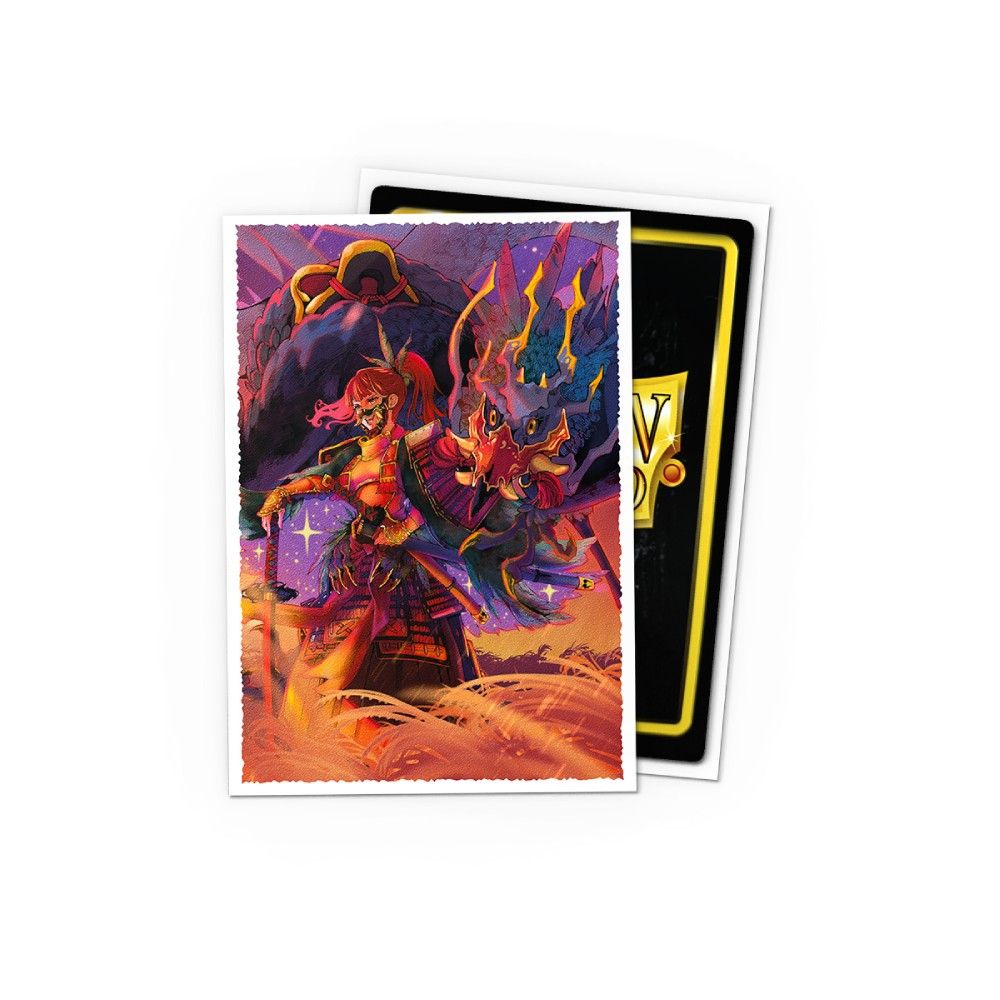Card sleeve art featuring a warrior battling a blue dragon head and a dark giant, set against a vibrant, fiery sky
