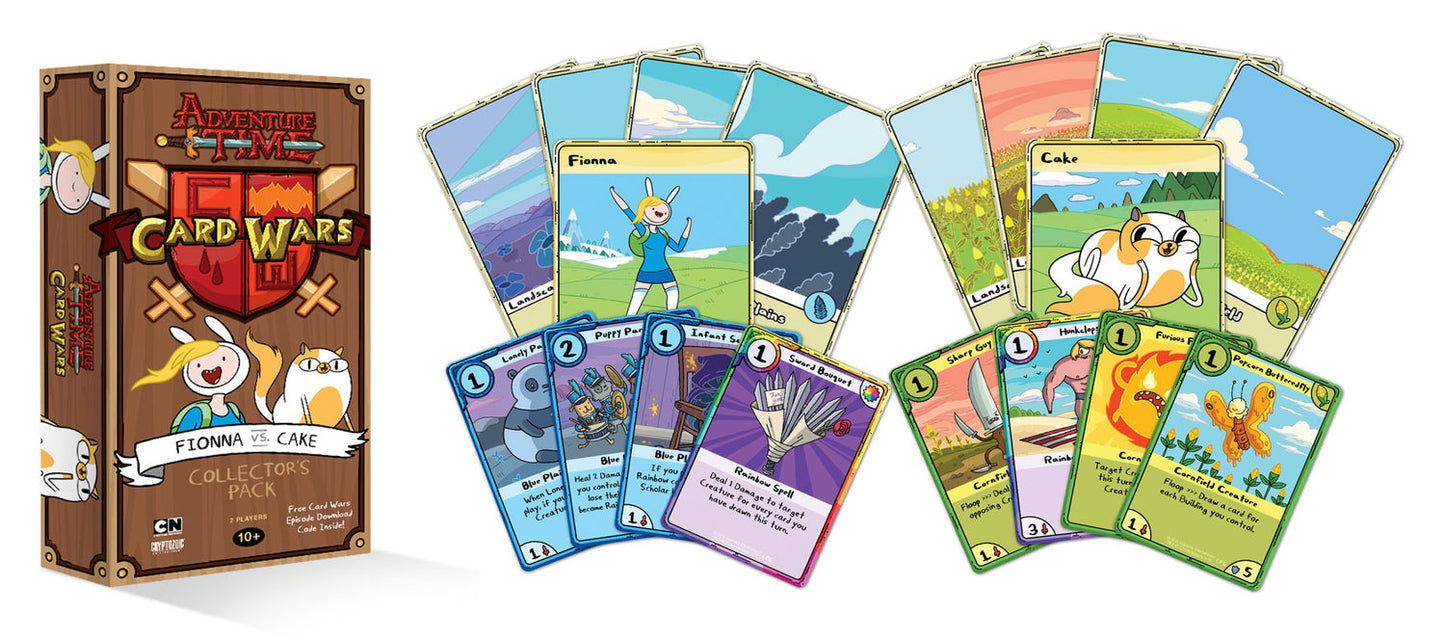 Adventure Time Card Wars: Fionna vs. Cake collector's pack box and scattered game cards