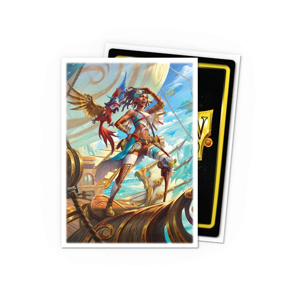 A card sleeve with an illustration of a female pirate and a parrot on a ship, looking into the distance