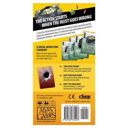 Back of "Never Bring a Knife" game box, displaying money, cards like 'GUN', and a bullet hole