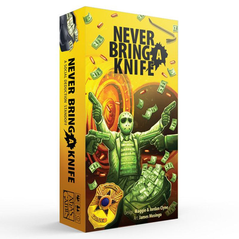 Never Bring a Knife game box: Masked figure with guns, surrounded by flying money and a police badge