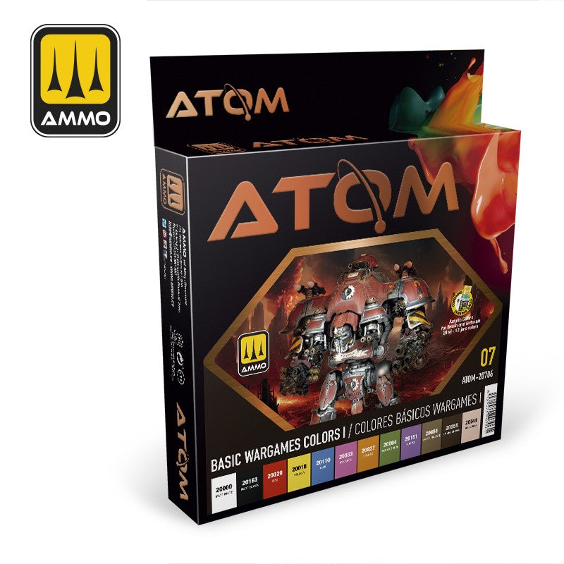 Ammo by MIG ATOM Basic Wargames Colors I paint set box featuring a detailed robotic mech and 12 paint swatches