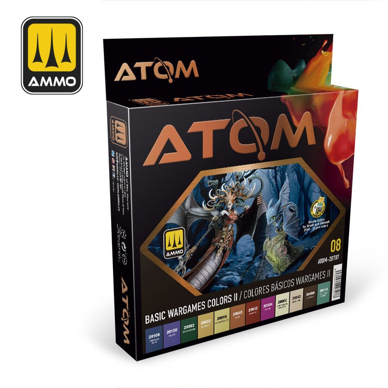 Ammo by MIG ATOM Basic Wargames Colors II paint set box, with fantasy art and color swatches