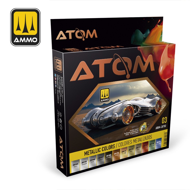 AMMO ATOM acrylic metallic colors set box -  featuring a futuristic silver car illustration